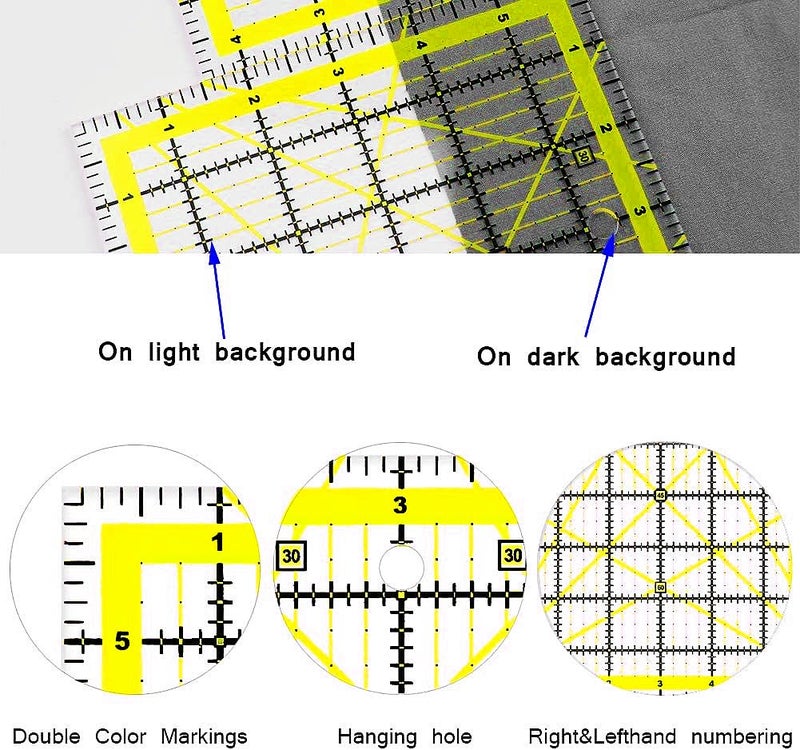 ZICALSO Quilting Rulers, Acrylic Square Rulers (3.5", 5", 6.5", 10.5"), Fabric Cutting Ruler with Non-Slip Rings for Quilting and Sewing - Image 3